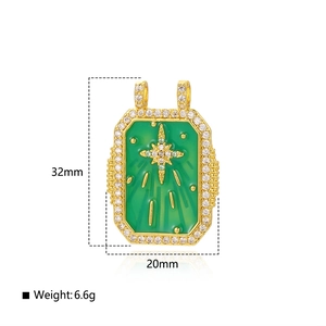 Detailed view of a green tarot-style charm with starburst pattern, 32mm by 20mm size