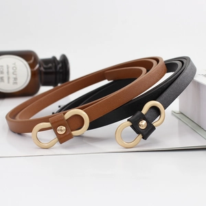 Minimalist thin leather waist belt with double ring buckle in black and brown colors