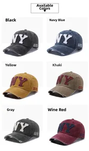 Detailed grid view of washed cotton baseball caps in six colors with NY embroidery