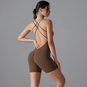 Detailed view of criss-cross back straps on a dark brown high-stretch yoga bodysuit