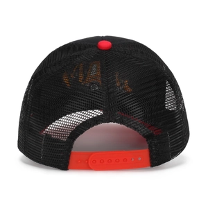 Kids black mesh trucker cap with red adjustable strap and excavator embroidery