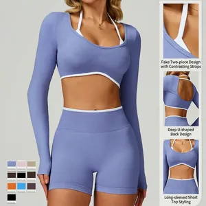 Slim fit two-piece yoga set with purple seamless contrast long sleeve crop top and shorts