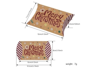 Detailed dimensions of brown kraft Christmas pillow box with Merry Christmas print