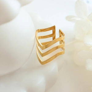 Elegant rose gold triple-layered V-shaped wave open ring in polished stainless steel
