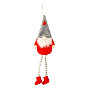 Christmas gnome ornament with red star hat and long striped legs for tree decoration