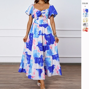 Vestito Maxi Donna Stampa Floreale Poliestere Maniche A Sbuffo Vita Con Aperture Gonna A Balze Boho Vacanze Estate