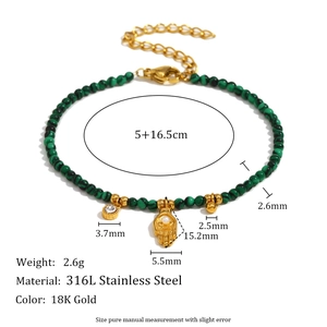 Green malachite beaded Hamsa bracelet in 18K gold plated stainless steel for women