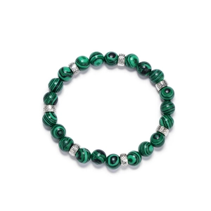 Handcrafted malachite bead bracelet with silver pattern spacers for men and women