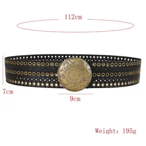 Vintage Y2K PU-Gürtel in Schwarz mit goldenen Ösen und gravierter Boho-Metallschnalle