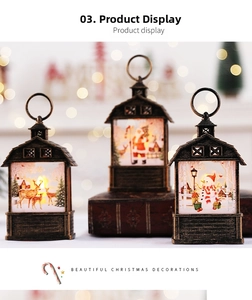 Close-up of vintage bronze Christmas lanterns with warm LED light and Santa snowmen scenes