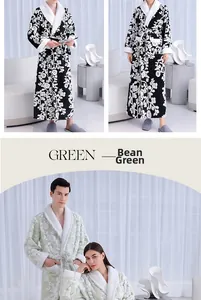 Detail view of floral jacquard plush bathrobe with warm fleece collar and tie waist