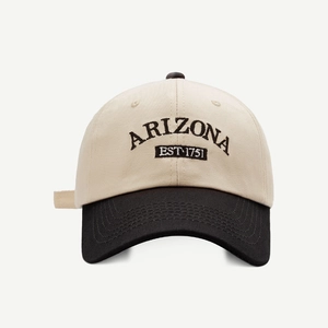 Detail of Arizona embroidery on beige and black two-tone canvas baseball cap