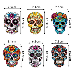 Set of 6 colorful Day of the Dead skull decorations with precise size measurements