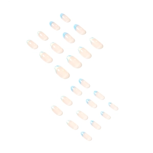 French wave oval press-on nails with blue and yellow patterns on nude base