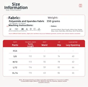 Detailed size guide and fabric composition for high-waisted flared yoga pants