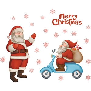 Cartoon Santa Claus and motorcycle Christmas wall stickers with Merry Christmas text