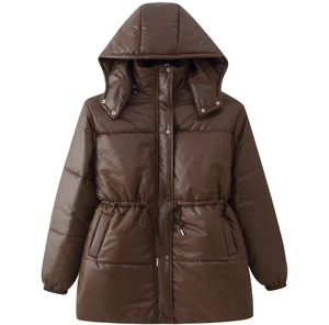 Detail of dark brown long-line parka with drawstring waist and glossy finish surface