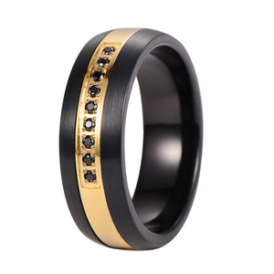 Modern black matte tungsten ring with golden polished stripe and black zircon inlay