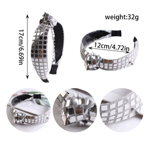 Sparkling silver sequin knotted headband for women with detailed product dimensions and weight