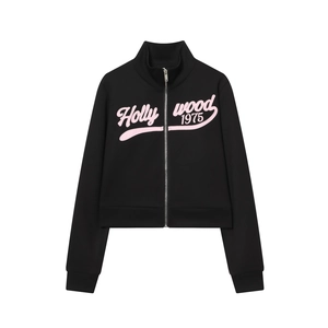 Black zip-up sweatshirt with pink Hollywood 1975 print and matching flare pants set