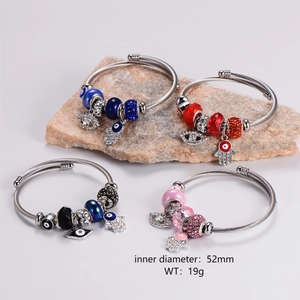 Evil Eye Hamsa Hand Bangle Bracelet 316L Stainless Steel Rhinestone Enamel Glass Beads Adjustable Jewelry For Women