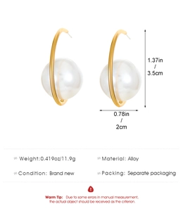 Detailed view of oversized pearl C-shape earrings with precise size and weight measurements