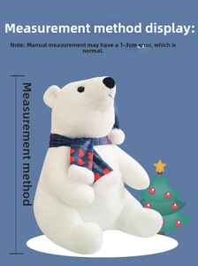 Polar bear plush toy with scarf and hat shown with measurement guide on blue background