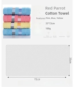 Detail of soft 100g cotton striped towel with 33x72cm dimensions and plush pile texture