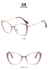 Detail view of retro cat-eye glasses frames in pink and rose gold from multiple angles