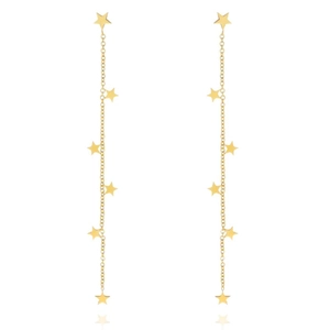 Detail of gold chain tassel earrings featuring multiple miniature star pendants