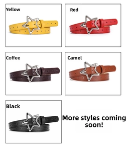 Detail of star-shaped metal buckles and star cutouts on colorful slim leather belts