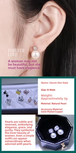 Detailed view of Diana style 8-9mm natural pearl earrings with zircon and gold plating
