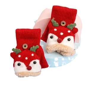 Winter thermal Christmas reindeer knit flip top gloves with soft plush lining for kids