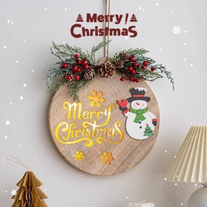 Wooden Merry Christmas wall hanging sign with snowman, pine needles and red berries decor