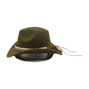 Detailed close-up of olive green cowboy hat featuring braided bands and star ornaments