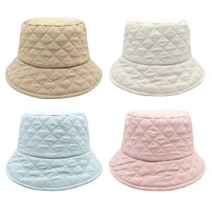 Quilted Bucket Hat Diamond Pattern Polyester Warm Winter Fashionable Solid Color Padded Foldable Windproof Outdoor