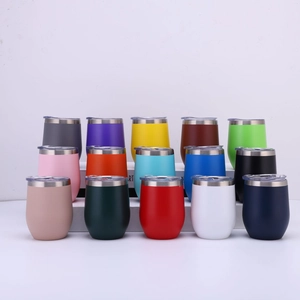 Insulated 12oz stainless steel wine tumblers in 15 assorted colors with clear lids