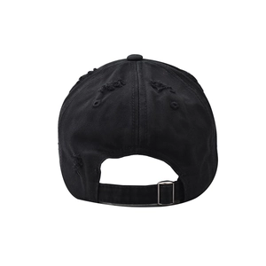 Detailed back view of distressed black cotton baseball cap with adjustable metal buckle