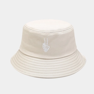 Cream bucket hat with skull fingers embroidery, minimalist cotton streetwear sun cap