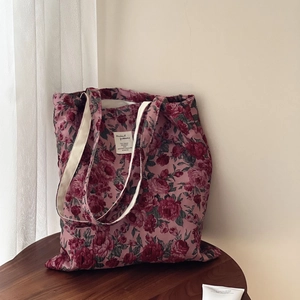 Sac à épaule en toile jacquard à fleurs rose bordeaux rétro pour femmes