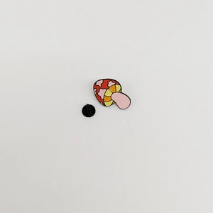 Cartoon red mushroom enamel pin badge with eco-friendly metal finish and black rubber back