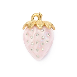 Detailed close-up of pink strawberry pendant with gold leaves and sparkling crystals