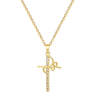 Golden titanium steel cross necklace with brilliant diamonds and elegant script elements