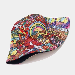 Detail of psychedelic graffiti bucket hat with flower power print and colorful mushrooms