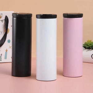 Three double-wall stainless steel vacuum insulated coffee tumblers in black, white and pink