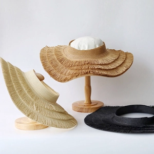Straw sun visor hat with layered tassels and wide brim for beach sun protection