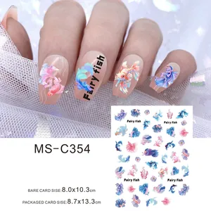 Macro detail of aurora fairy fish nail art stickers with holographic beta fish patterns