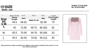Detailed size chart for long sleeve bodycon dress with measurements in centimeters