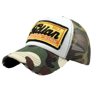 Vintage camouflage mesh baseball cap with Indian No.7 embroidery and yellow peak