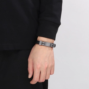 Men's retro black braided leather bracelet with dark grey stainless steel metal clasp